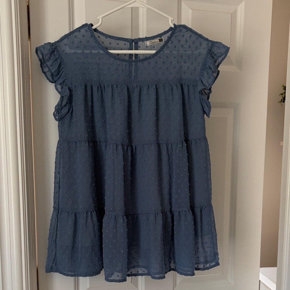 Blue Swiss Dot Ruffle Sleeve Babydoll Top
